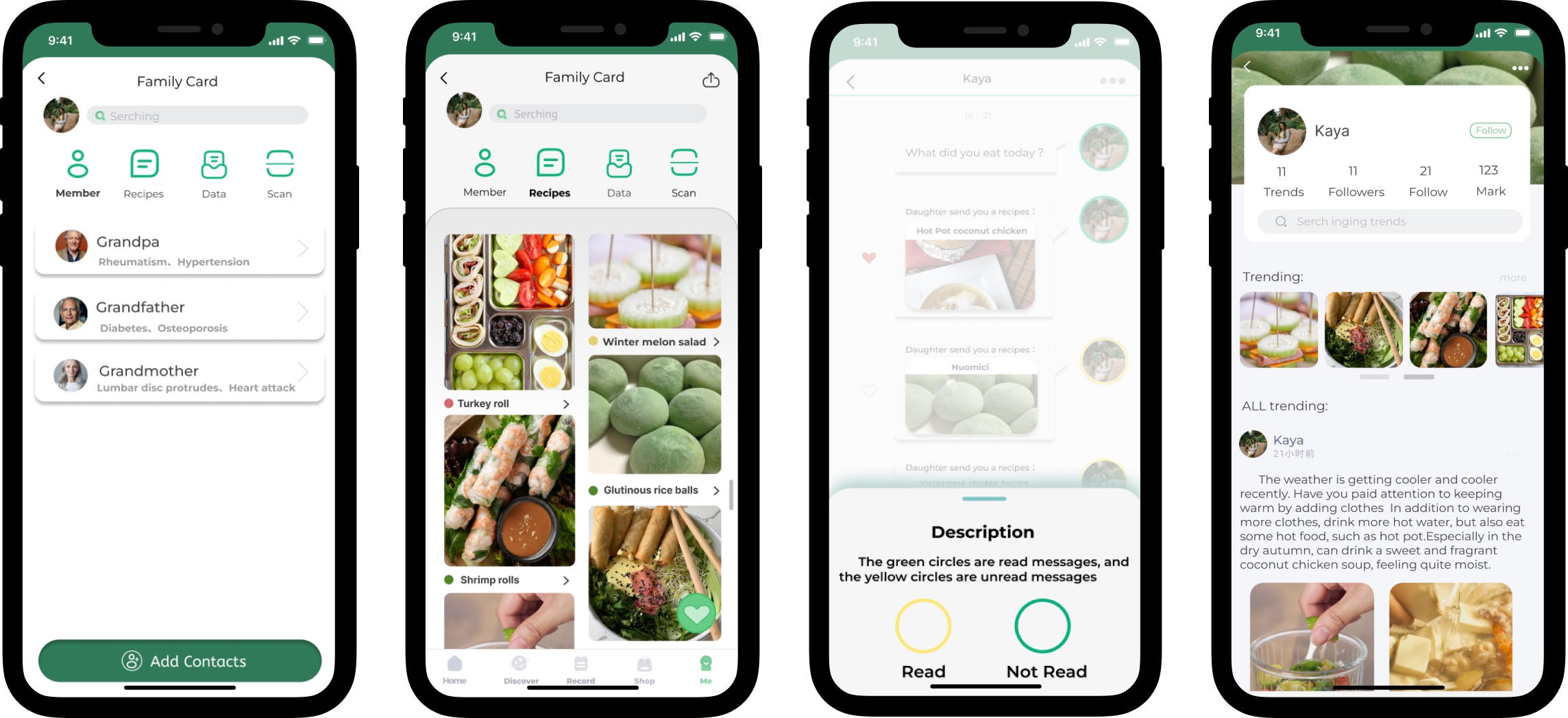 Family Card member list, Recipes tab, read-status messages and a shared recipe feed