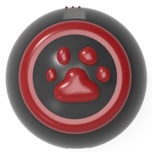 Top view of the bell: a raised red paw print inside a red ring on a dark dome