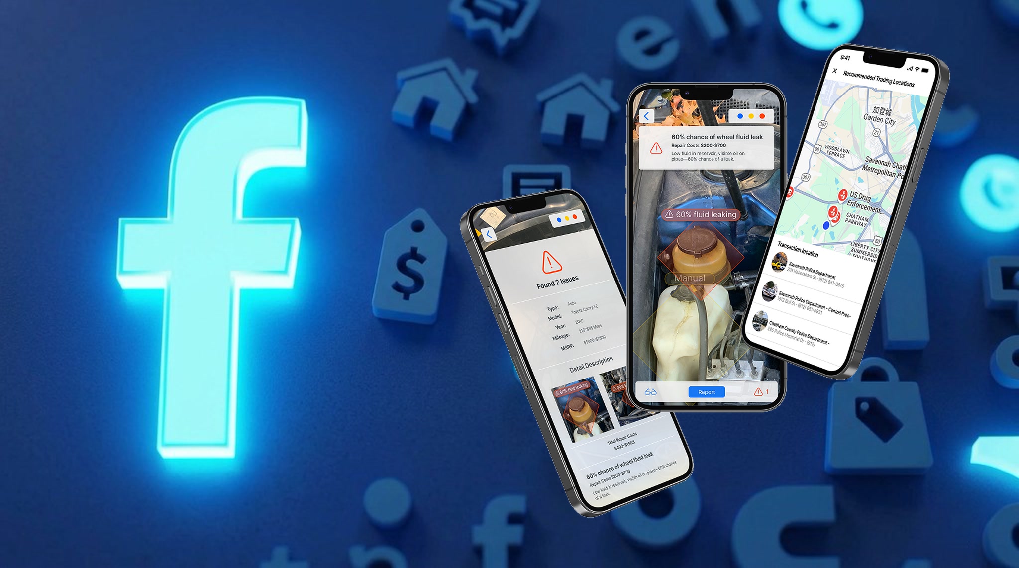 AR inspection and safe trading location screens on three phones over a glowing Facebook backdrop