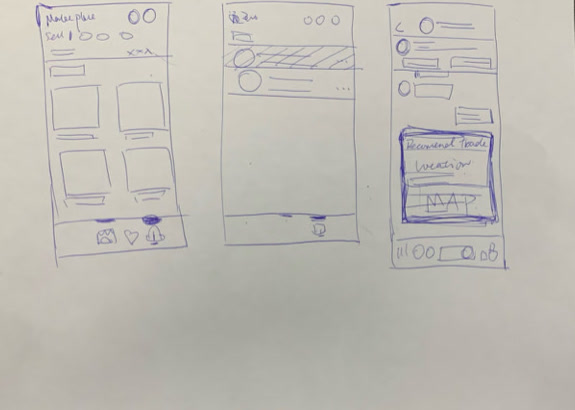 Hand-drawn low-fi wireframe for the Marketplace feed
