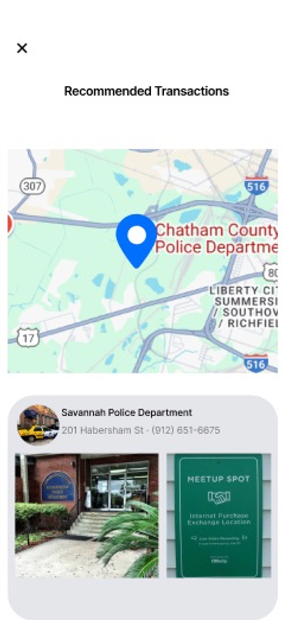 Selected meetup spot at Savannah Police Department with a public exchange sign