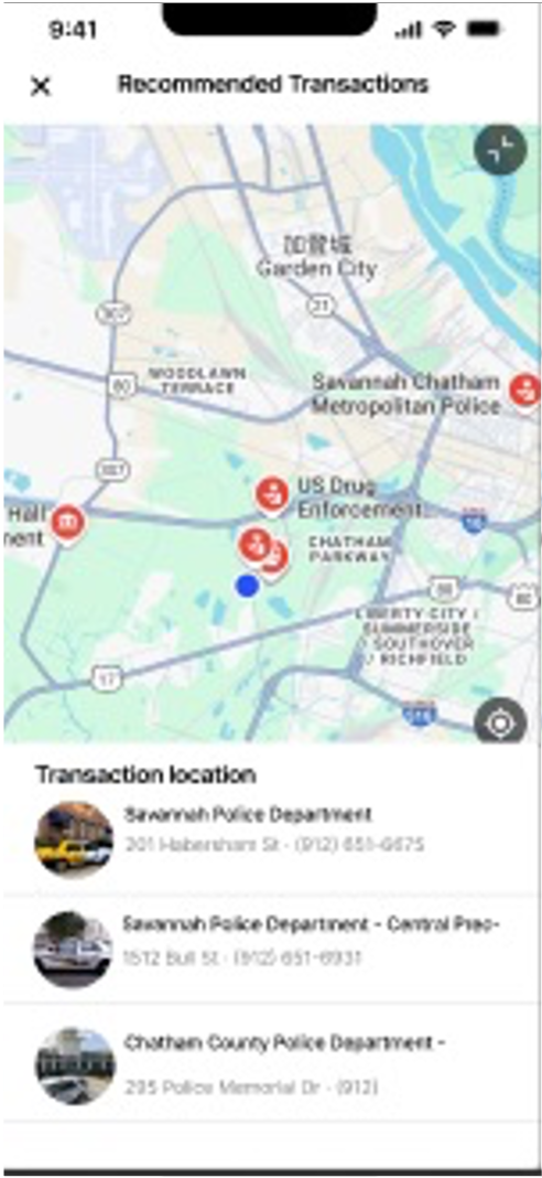 Map of recommended transaction locations near Savannah police departments