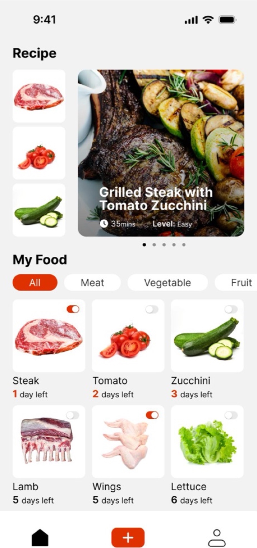 Home screen with recipes above My Food