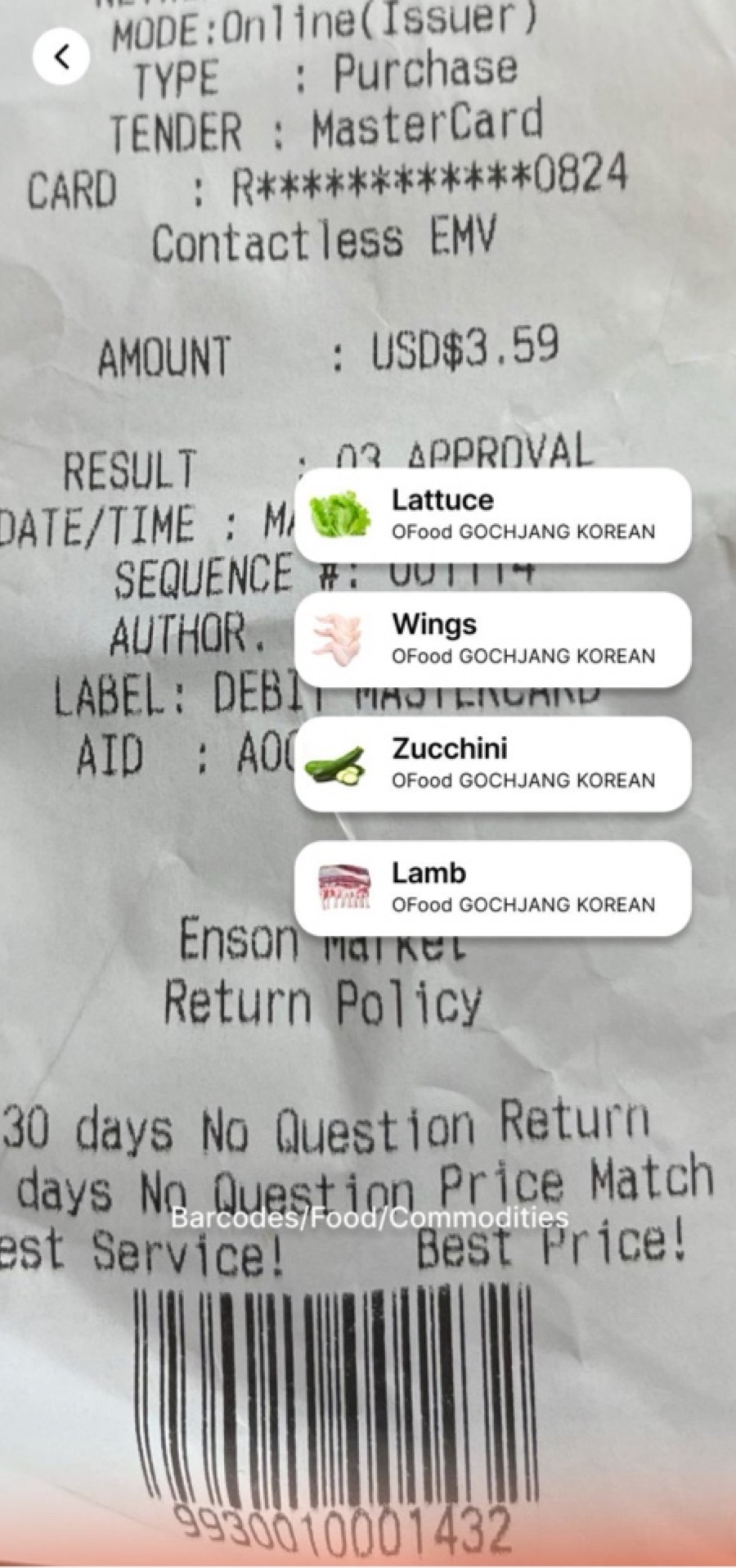 Receipt scan picking out lettuce, wings, zucchini and lamb