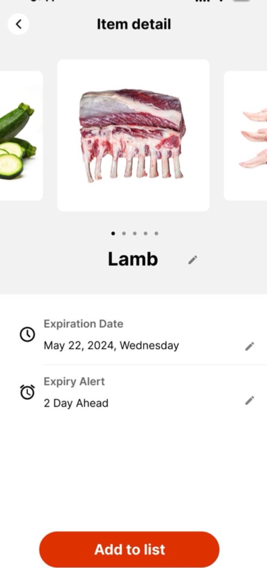 Lamb item detail with expiration date and alert