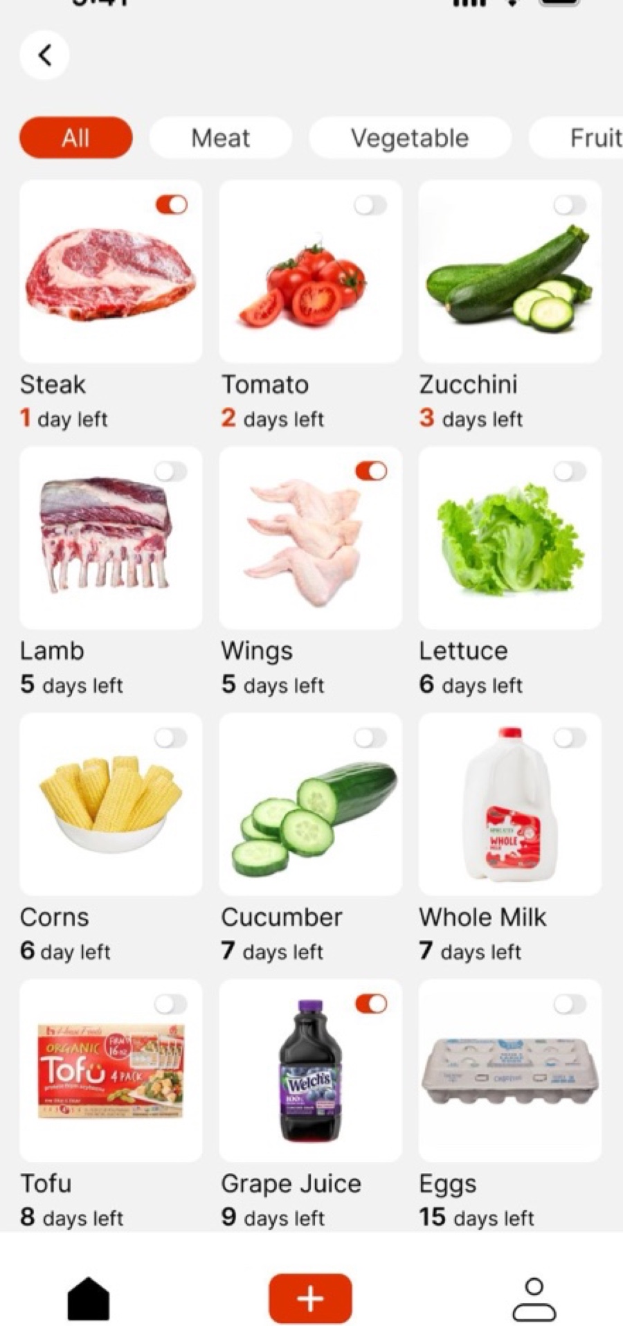 My Food list with days left under each item