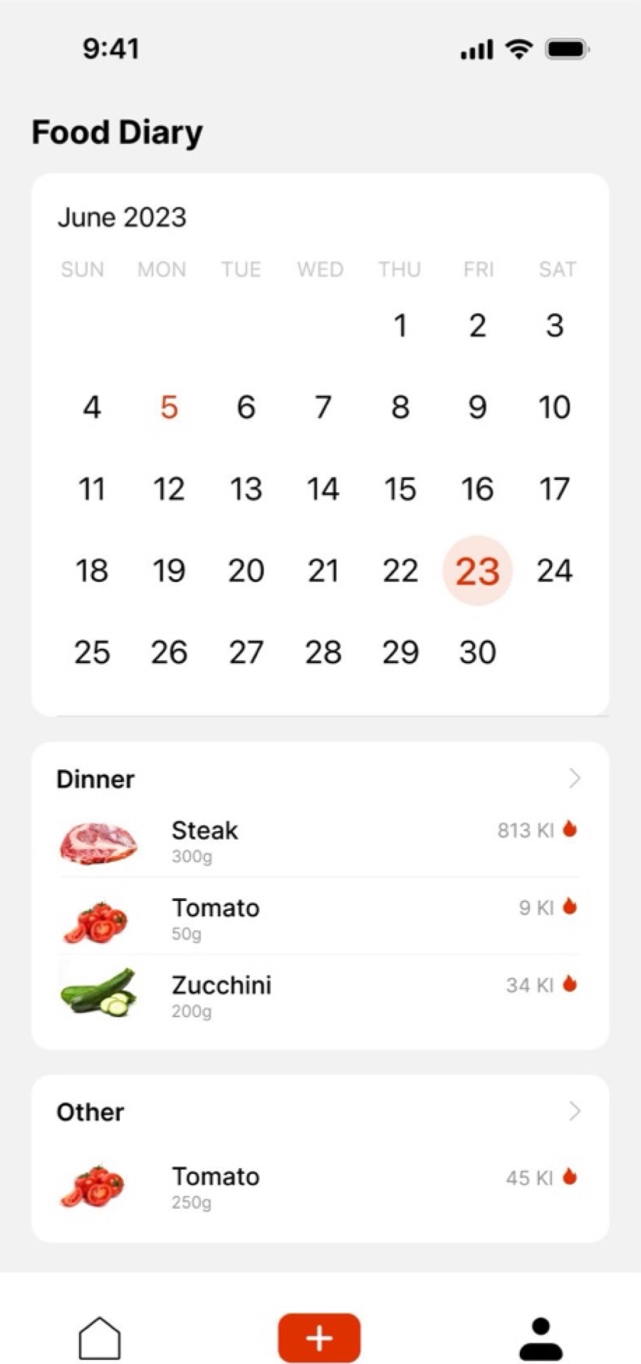 Food Diary calendar with dinner entries
