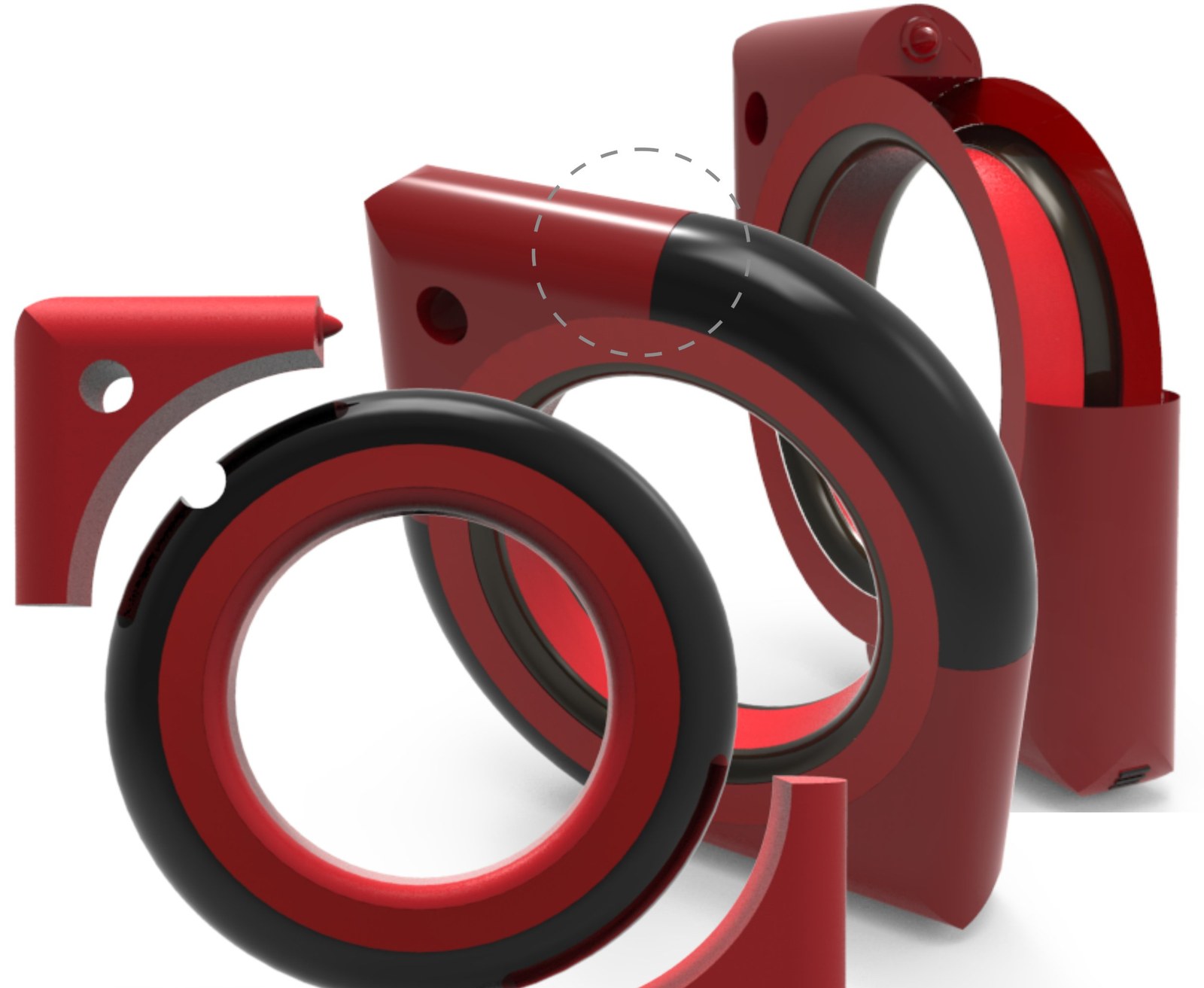 Exploded view: grip body, tape ring and the two detachable ears