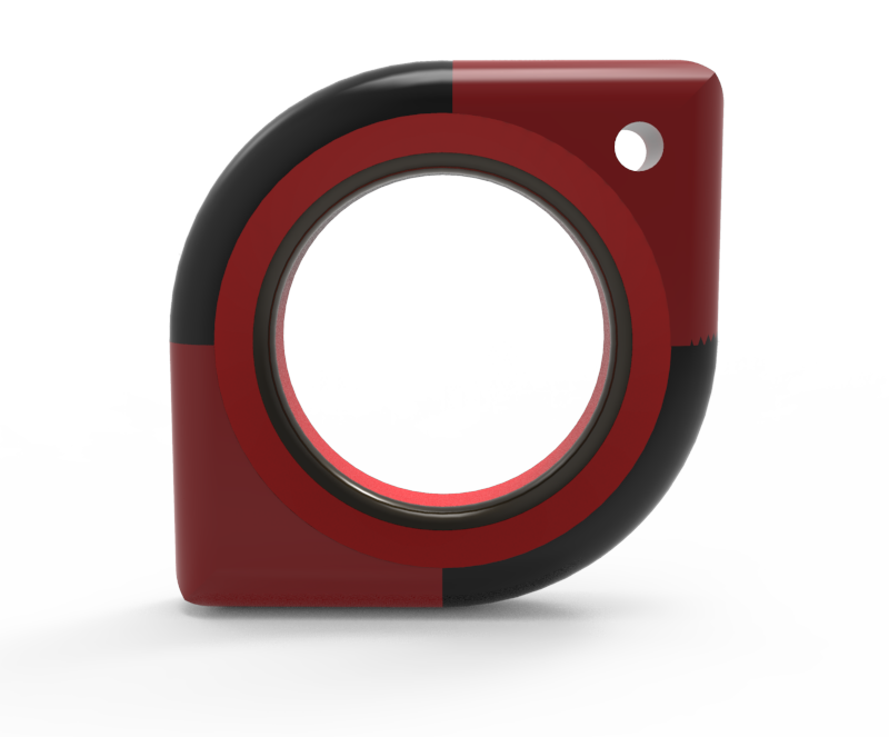 Front view of the red and black hand-held tape measure