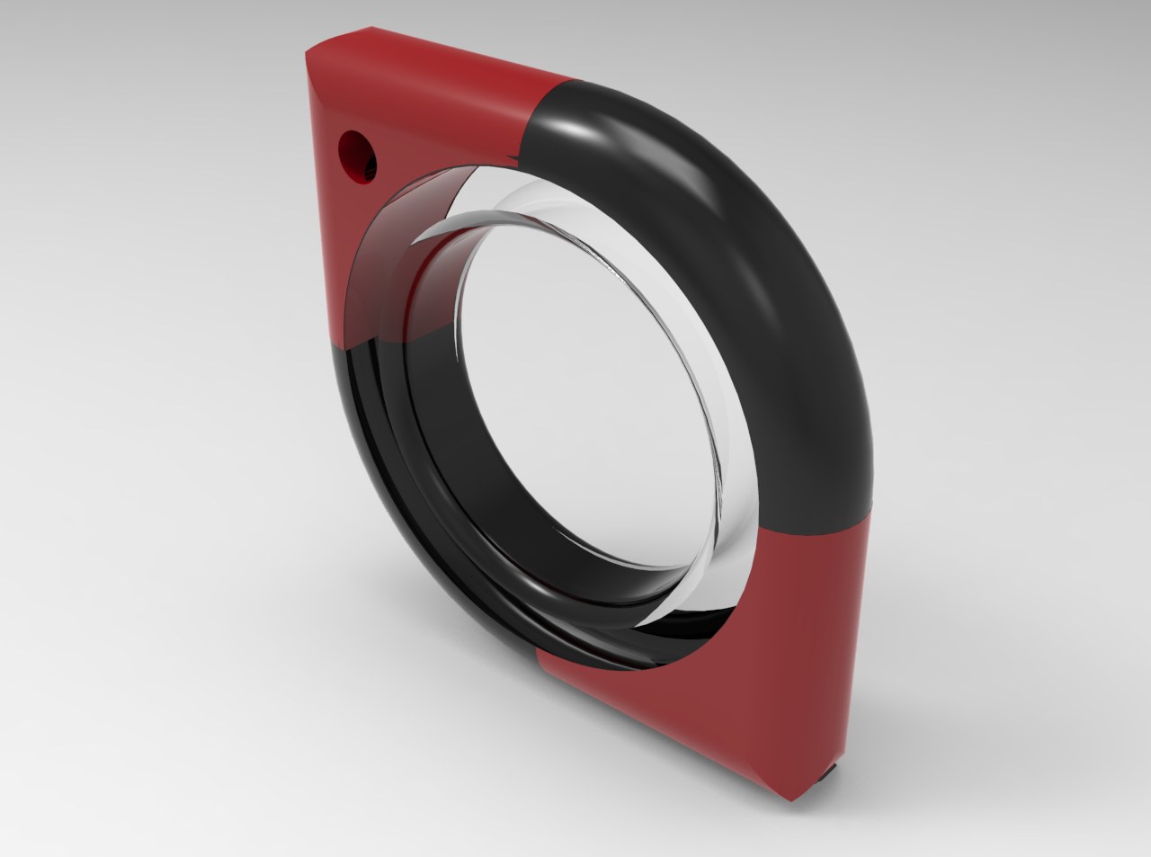 Three-quarter view of the tape measure showing its clear viewing window and black grip