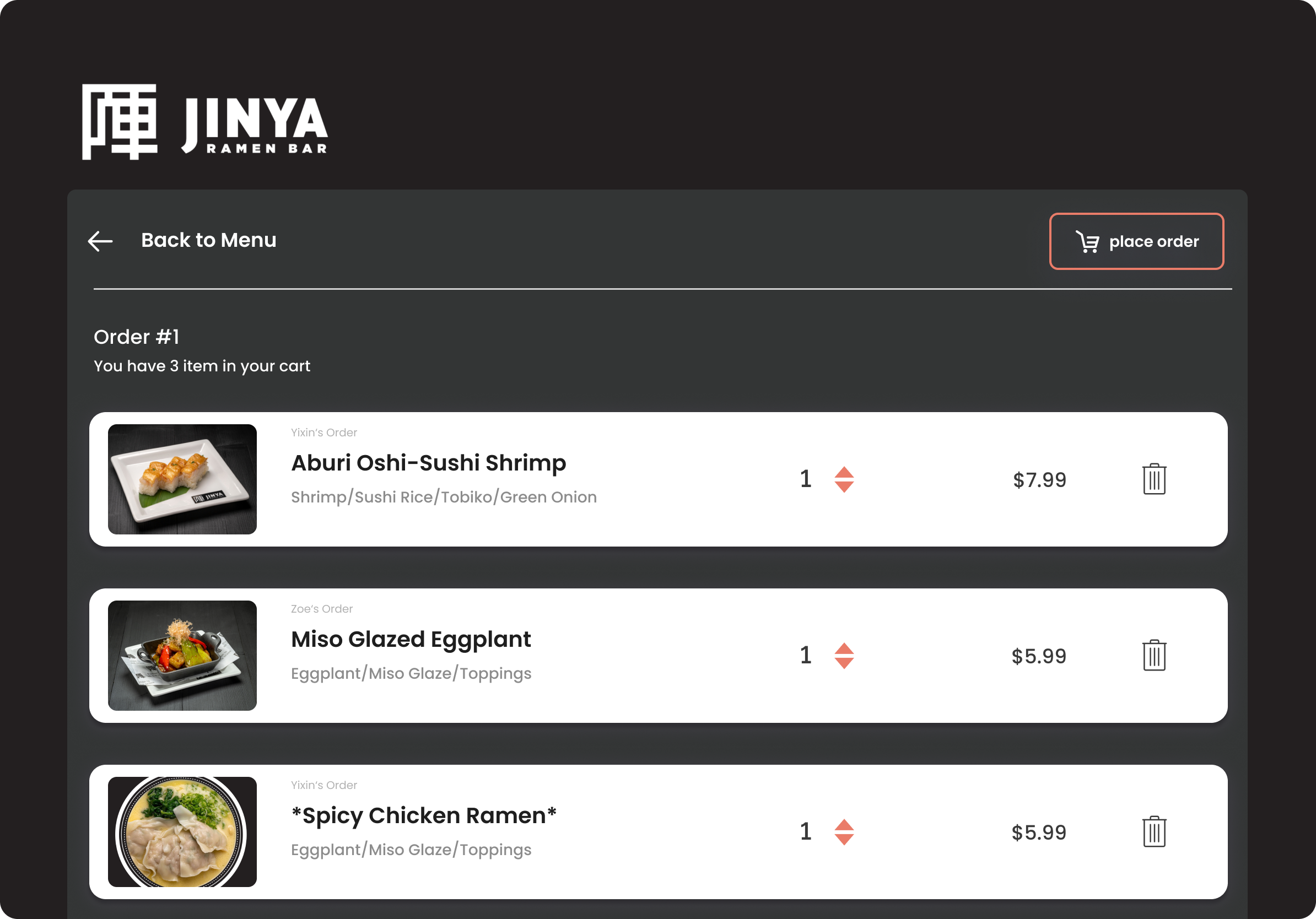 Cart listing each item, quantity, and price