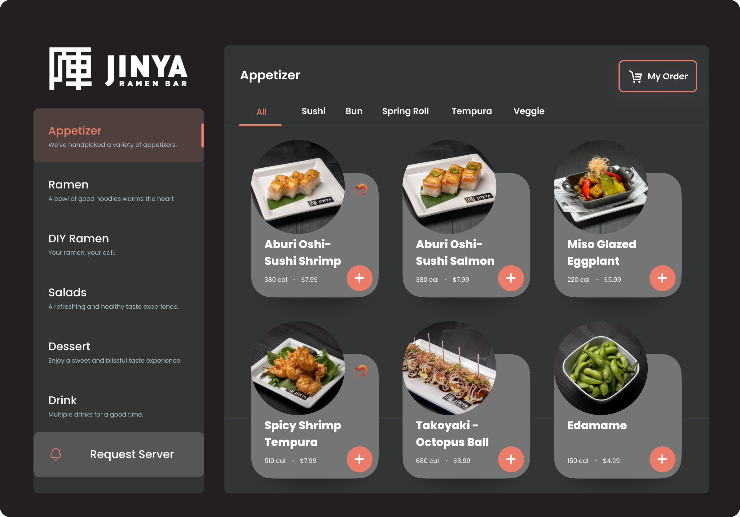 Appetizer menu with sushi, tempura, and edamame
