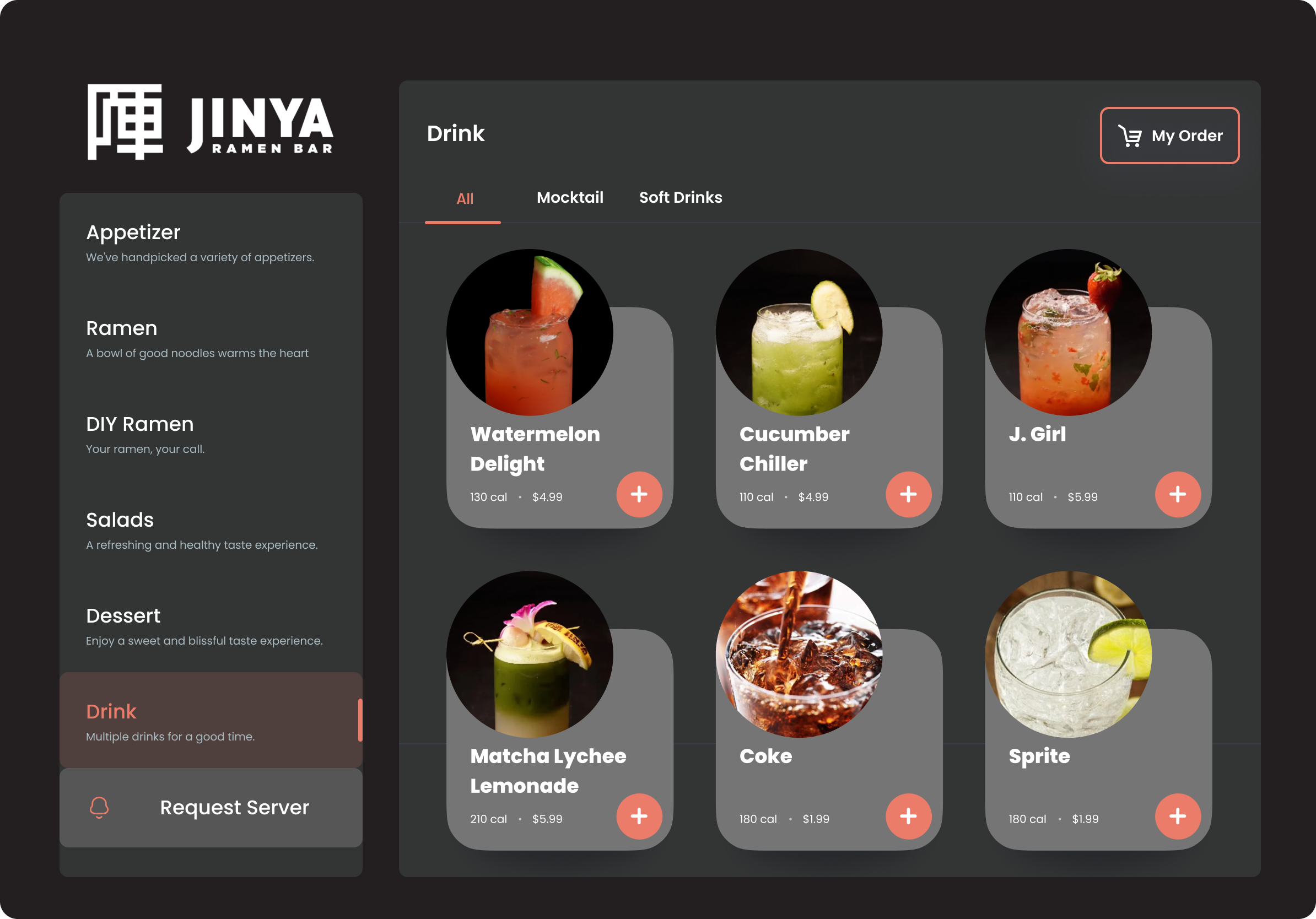 Drink menu with bottled and fountain options