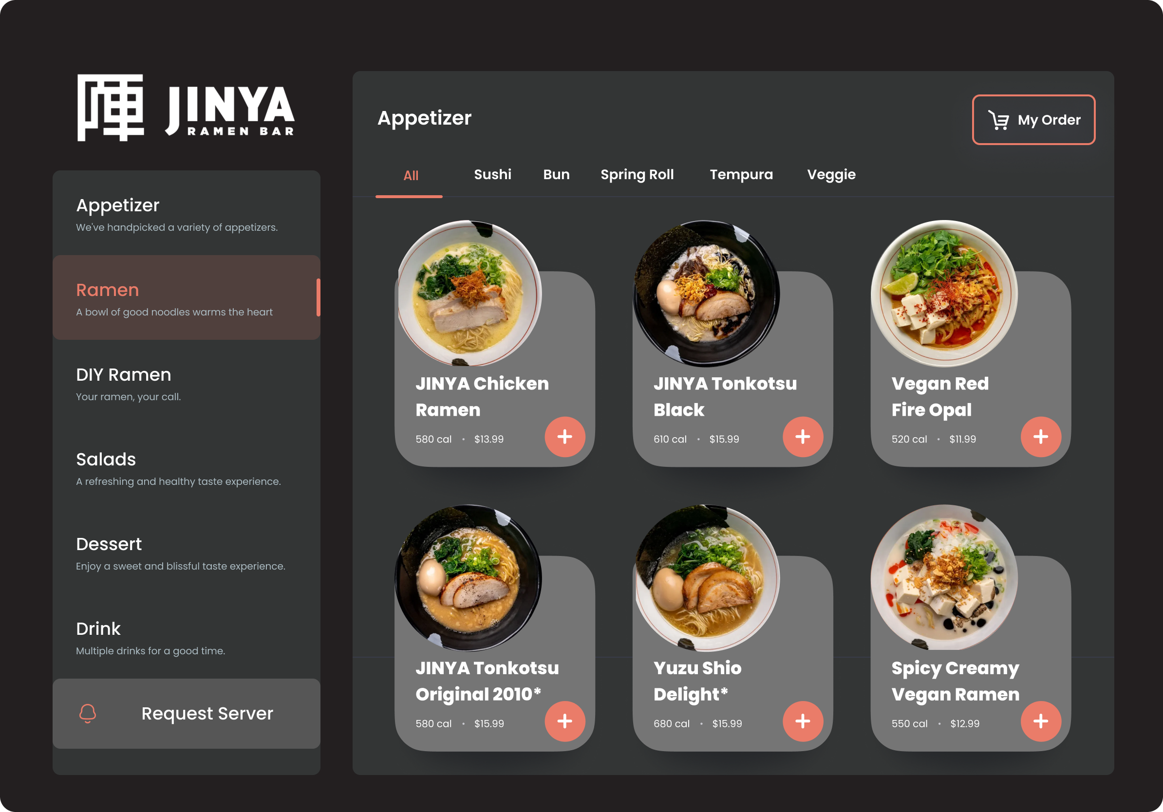 Ramen menu with bowls, calories, and prices