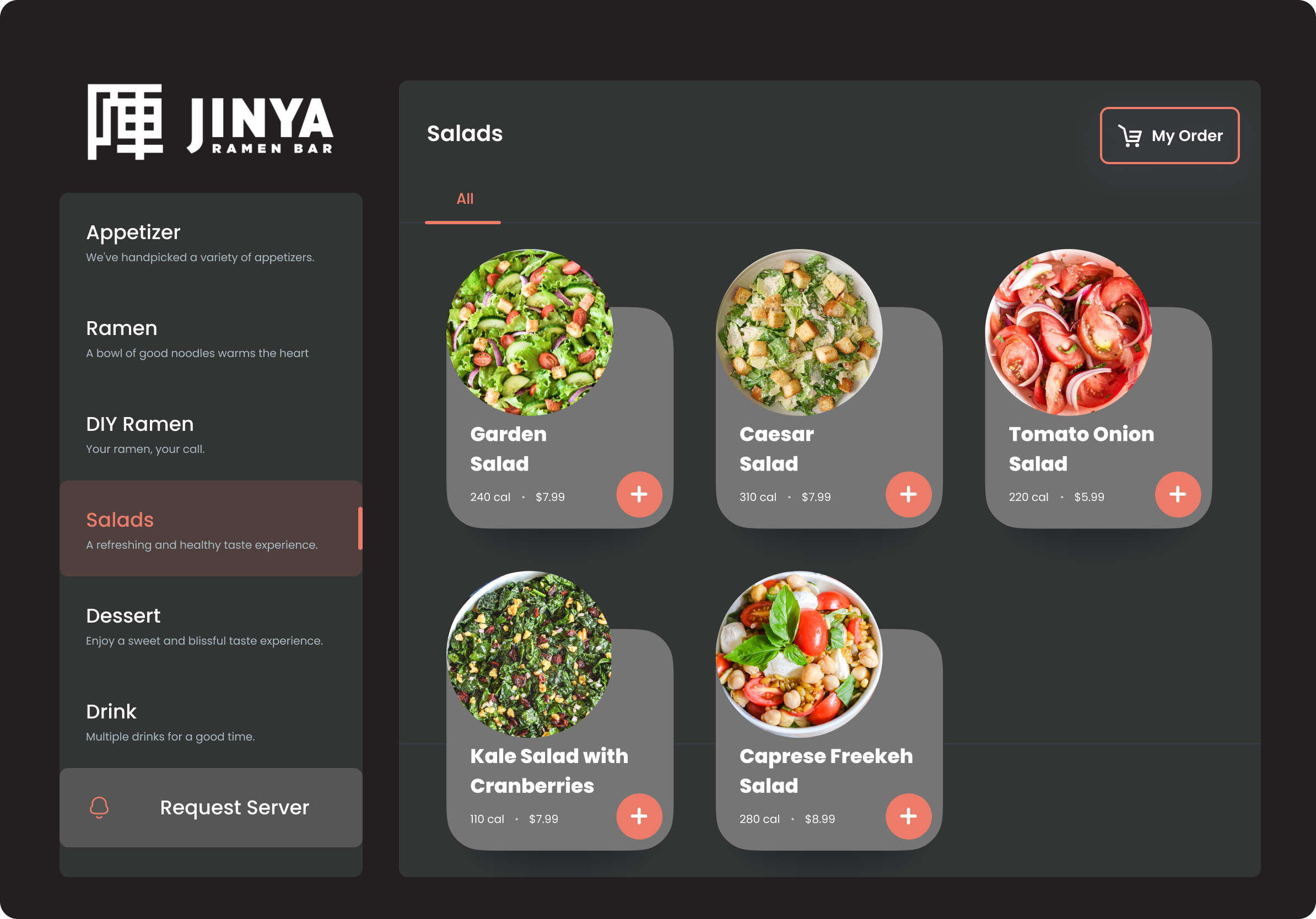 Salads menu with add buttons