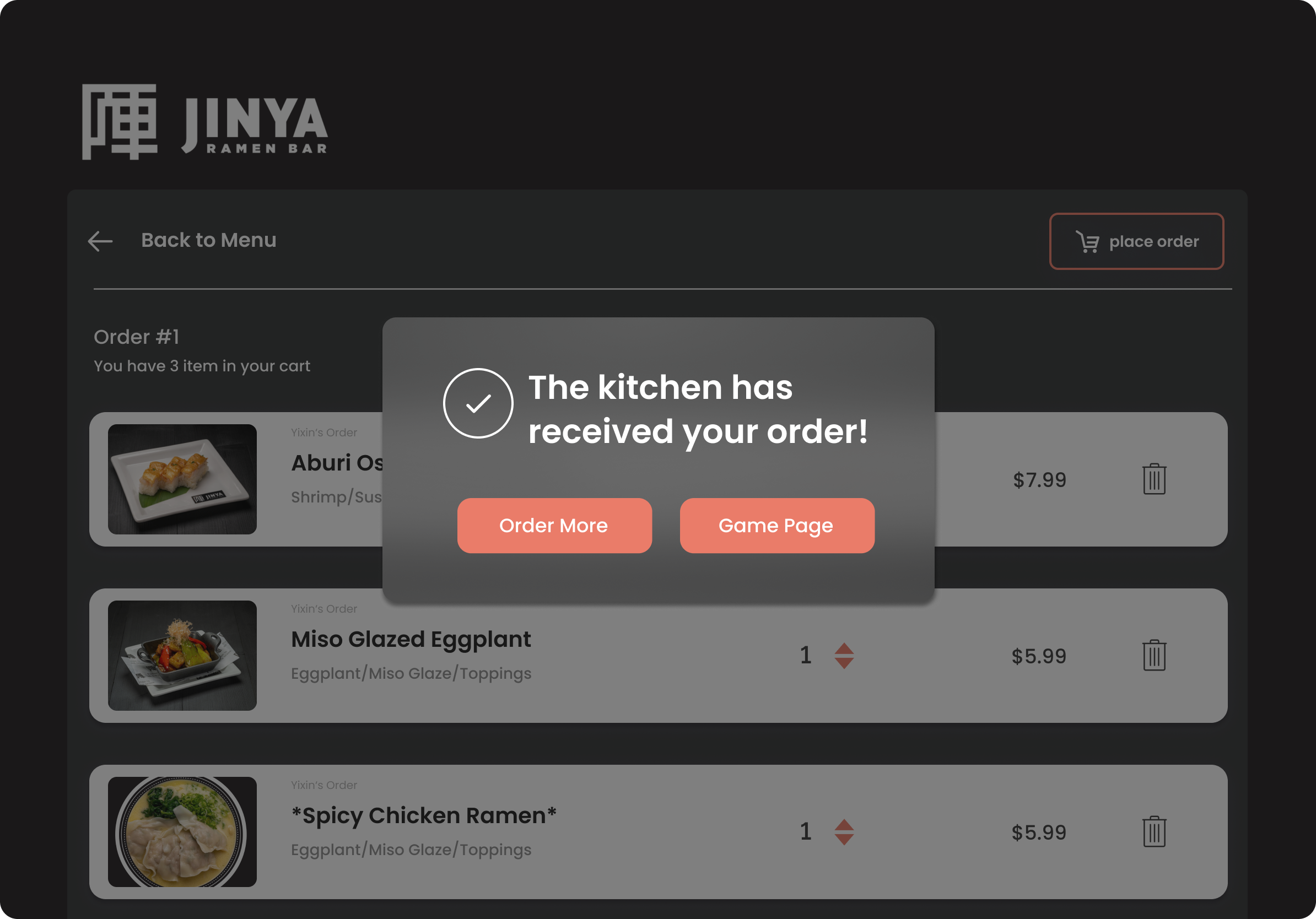 Confirmation that the kitchen has received the order