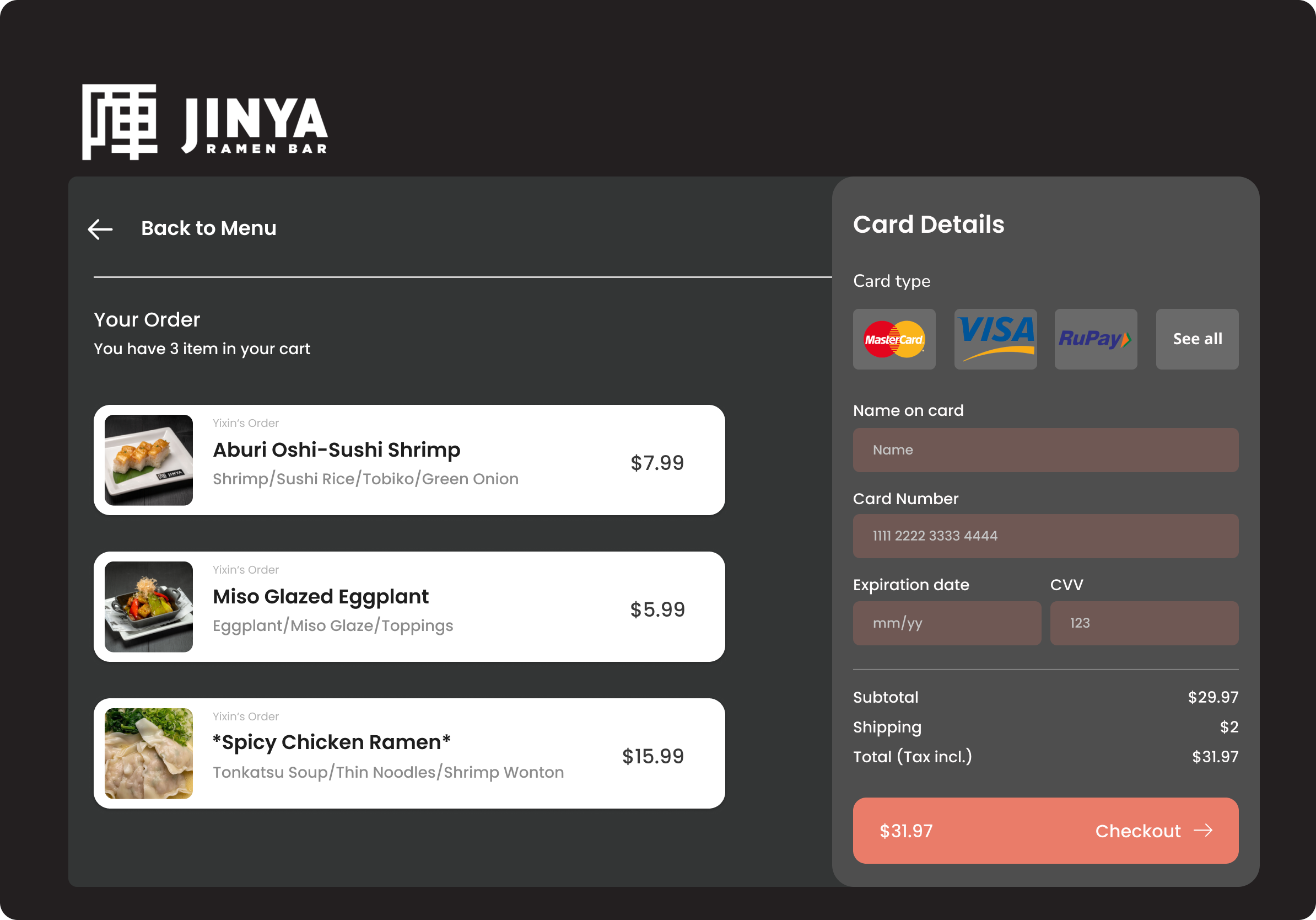 Checkout with order summary and card details
