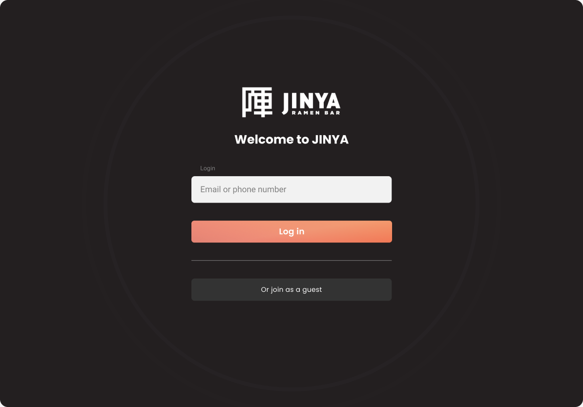 Welcome screen with email or phone sign-in and a guest option
