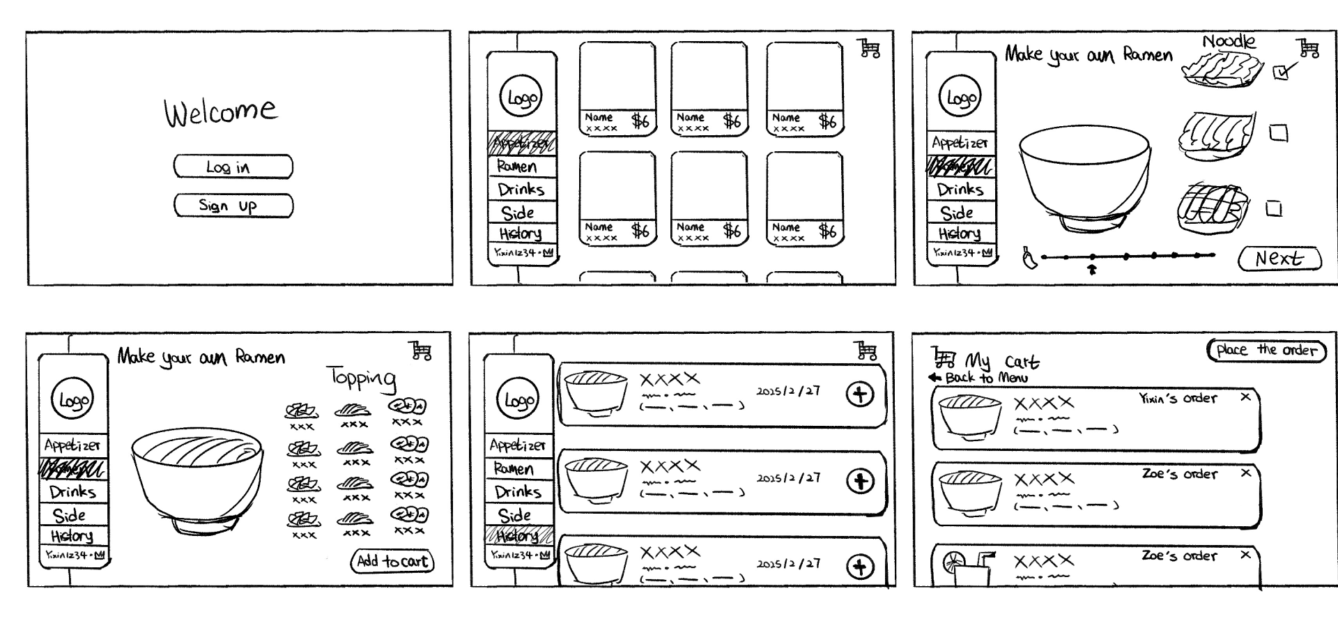 Six hand-drawn low-fidelity wireframes of the ordering flow