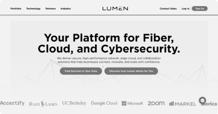 First homepage iteration with fiber, cloud, and cybersecurity headline