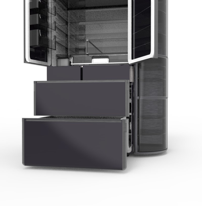 Close-up of the dark glass freezer drawers pulled open