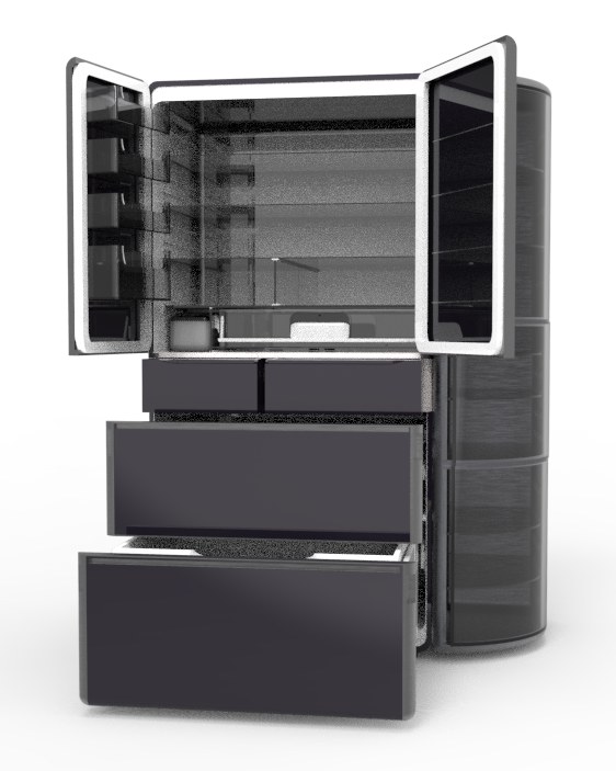 Front view of the dark refrigerator with doors and drawers open