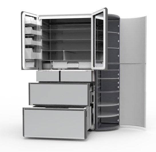 Silver version with the curved side cabinet door swung open to show rounded shelves