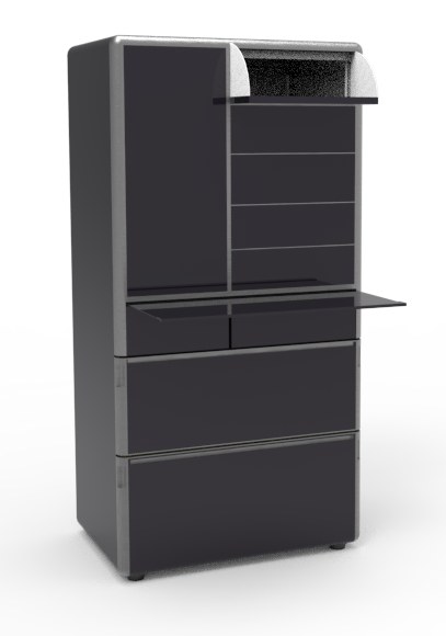 Closed refrigerator with one small top door flipped open and a fold-out shelf extended