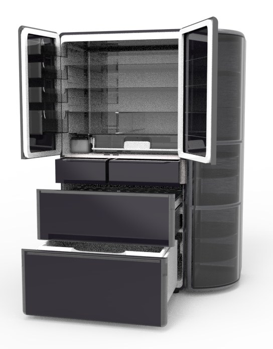 The refrigerator with its glass French doors and drawers open, beside its curved modular side cabinet