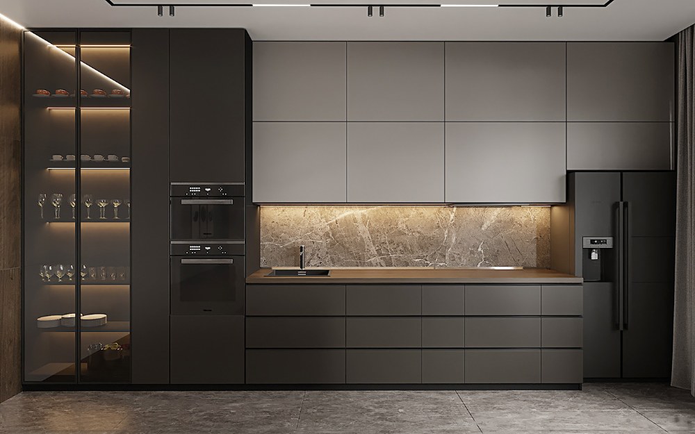 A modern dark kitchen with glass-front cabinets and a stone backsplash