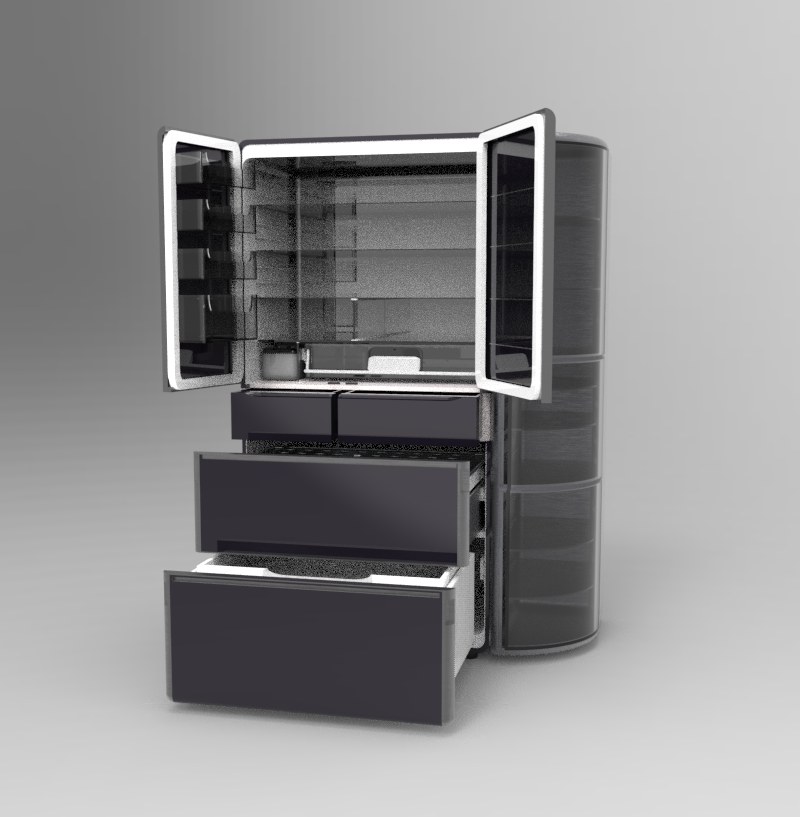 Three-quarter view of the open refrigerator in dark glass against a gray studio backdrop