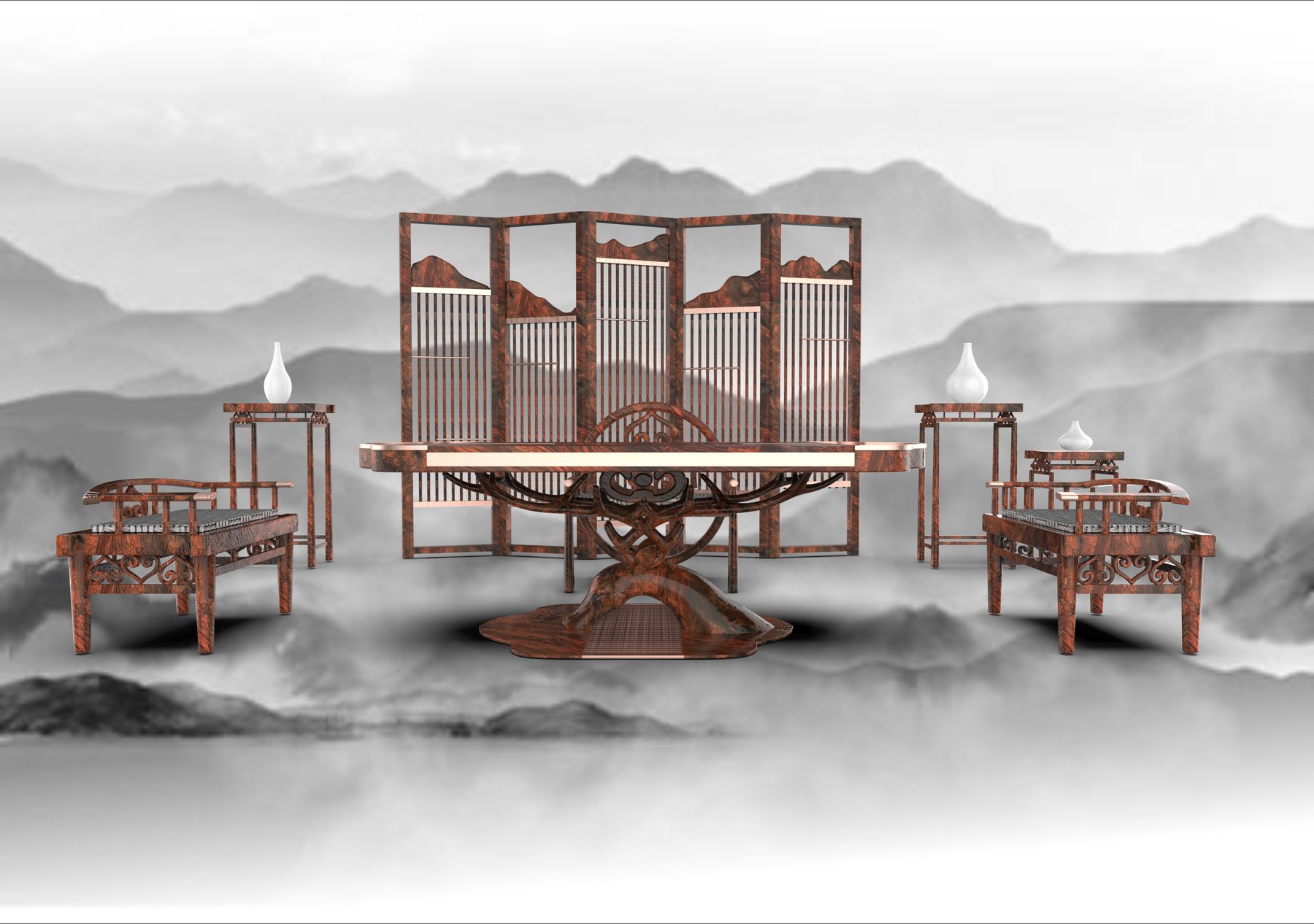 The full set arranged for tea in a misty mountain landscape