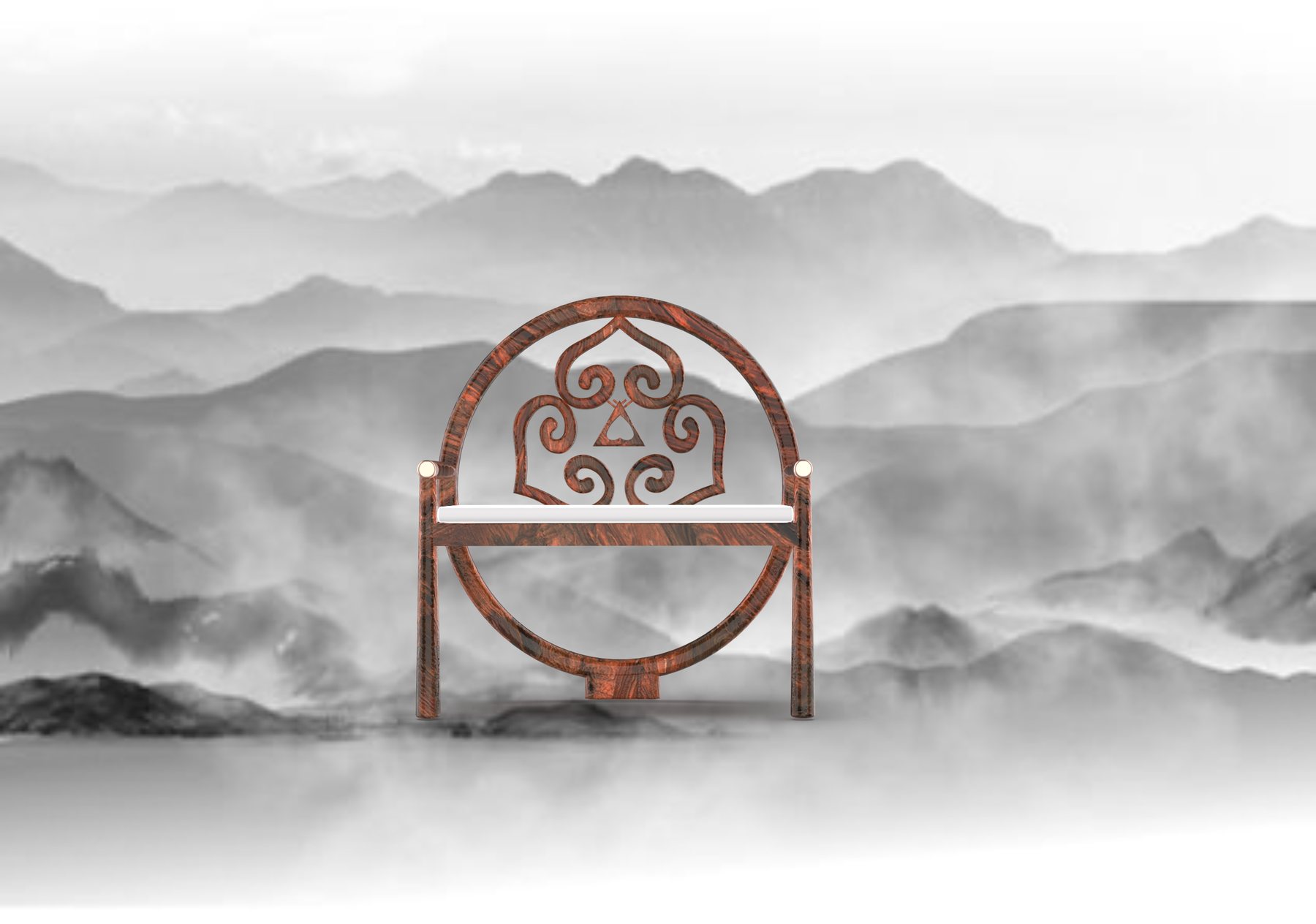 The main chair with its round back and carved totem scroll, set in a misty landscape