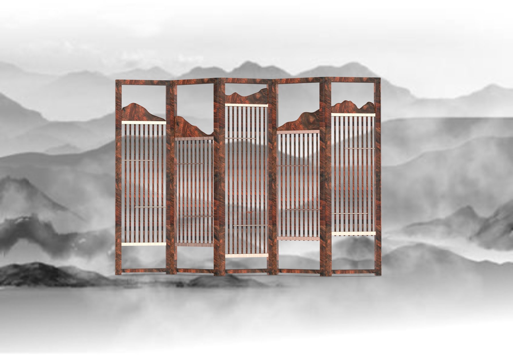 The folding screen standing against an ink-wash mountain backdrop