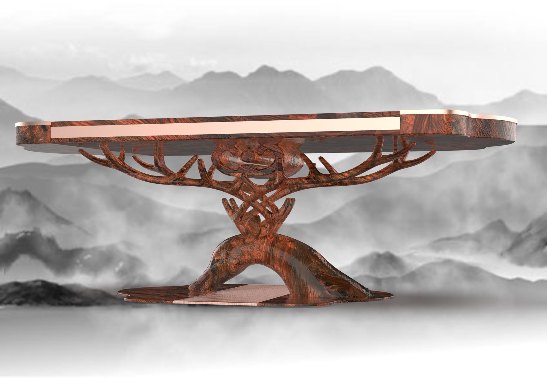 The tea table rising from a carved, antler-like base above a misty landscape