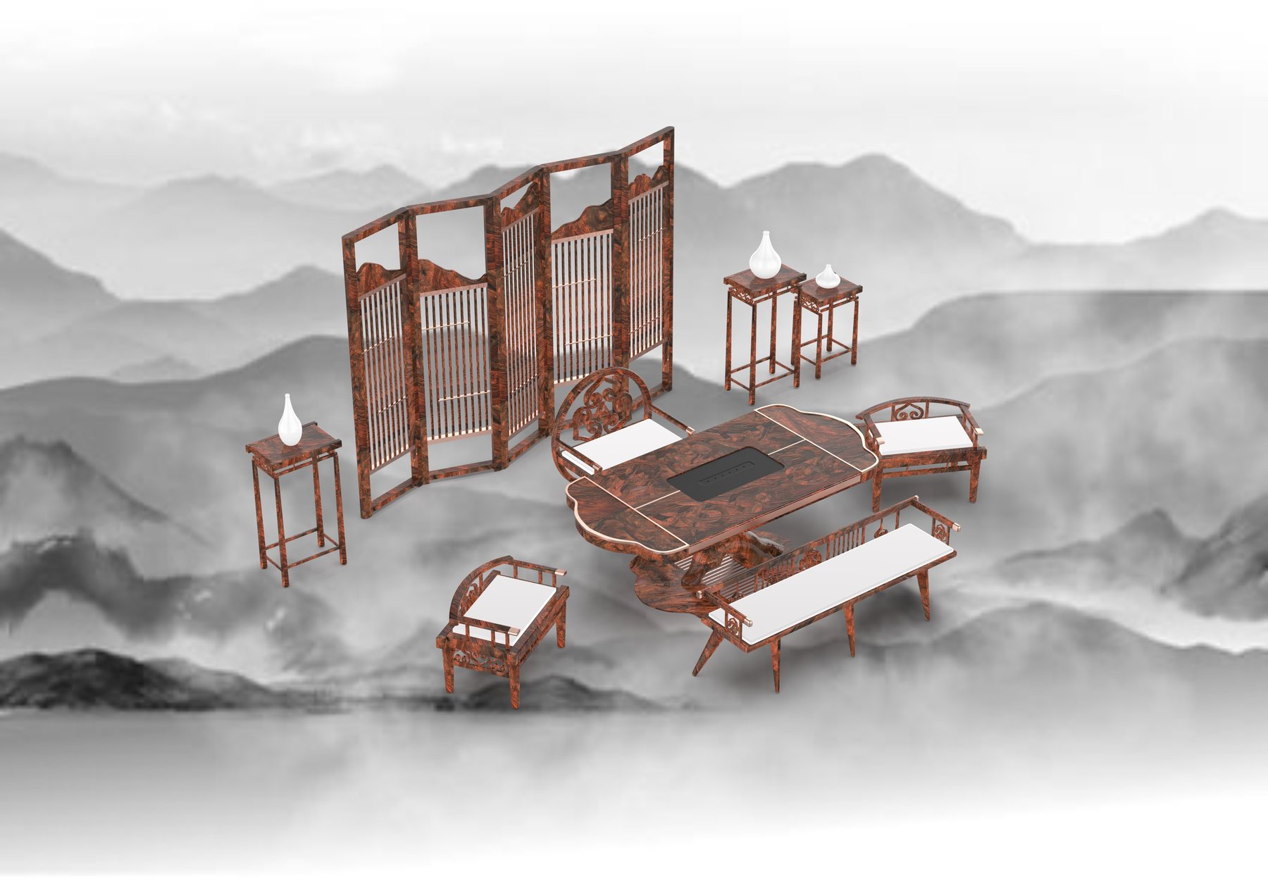 The full Oroqen Deer set — screen, tea table, chairs, bench and stands — set against misty ink-wash mountains