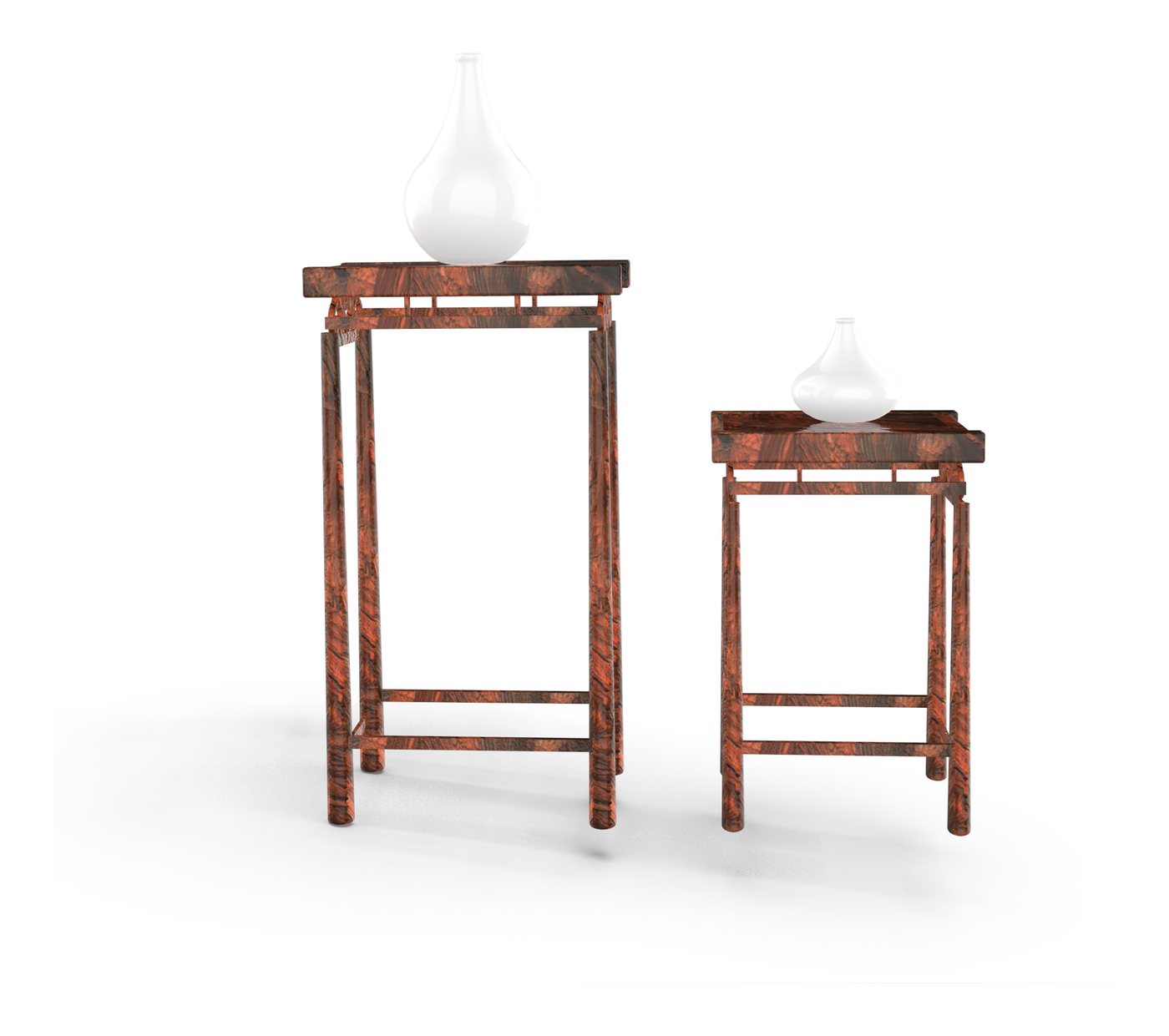 Two display stands, one tall and one short, each holding a white vase