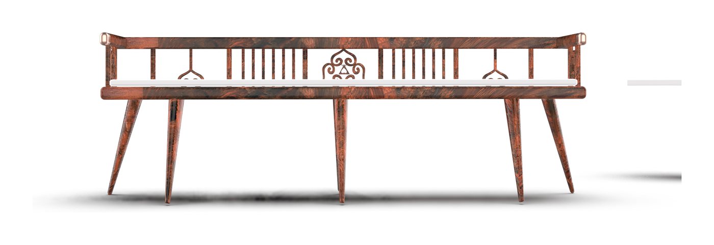 Long bench with splayed legs and a low carved back rail