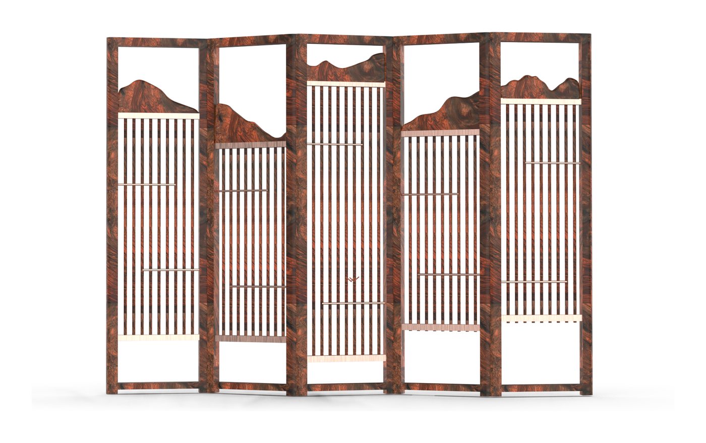 Five-panel folding screen with mountain silhouettes and slatted panels