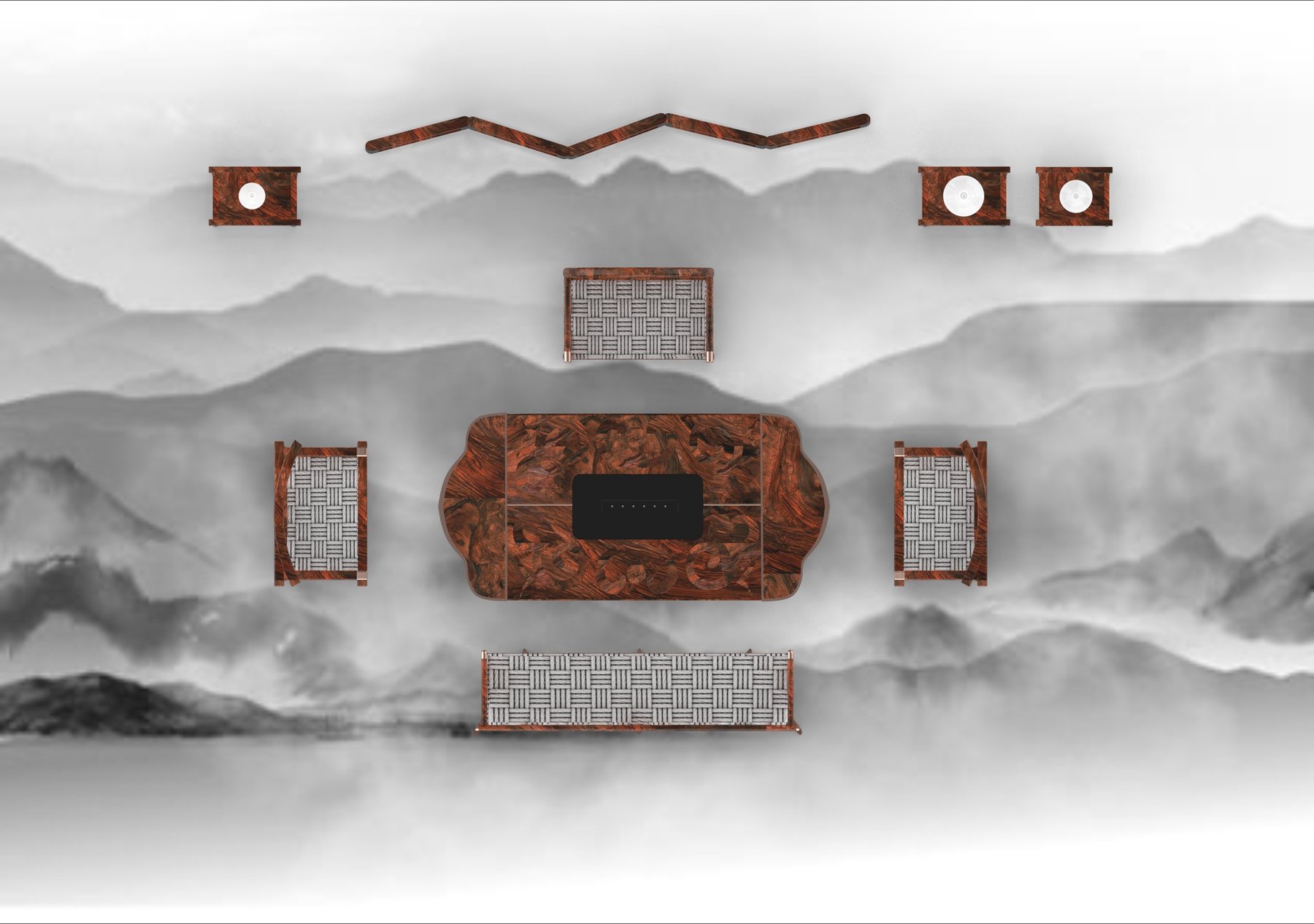 Top view of the full set showing the table, chairs, bench and screen from above