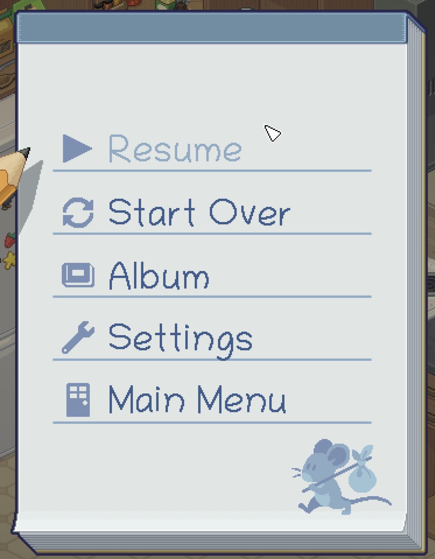 Unpacking notebook pause menu with Settings