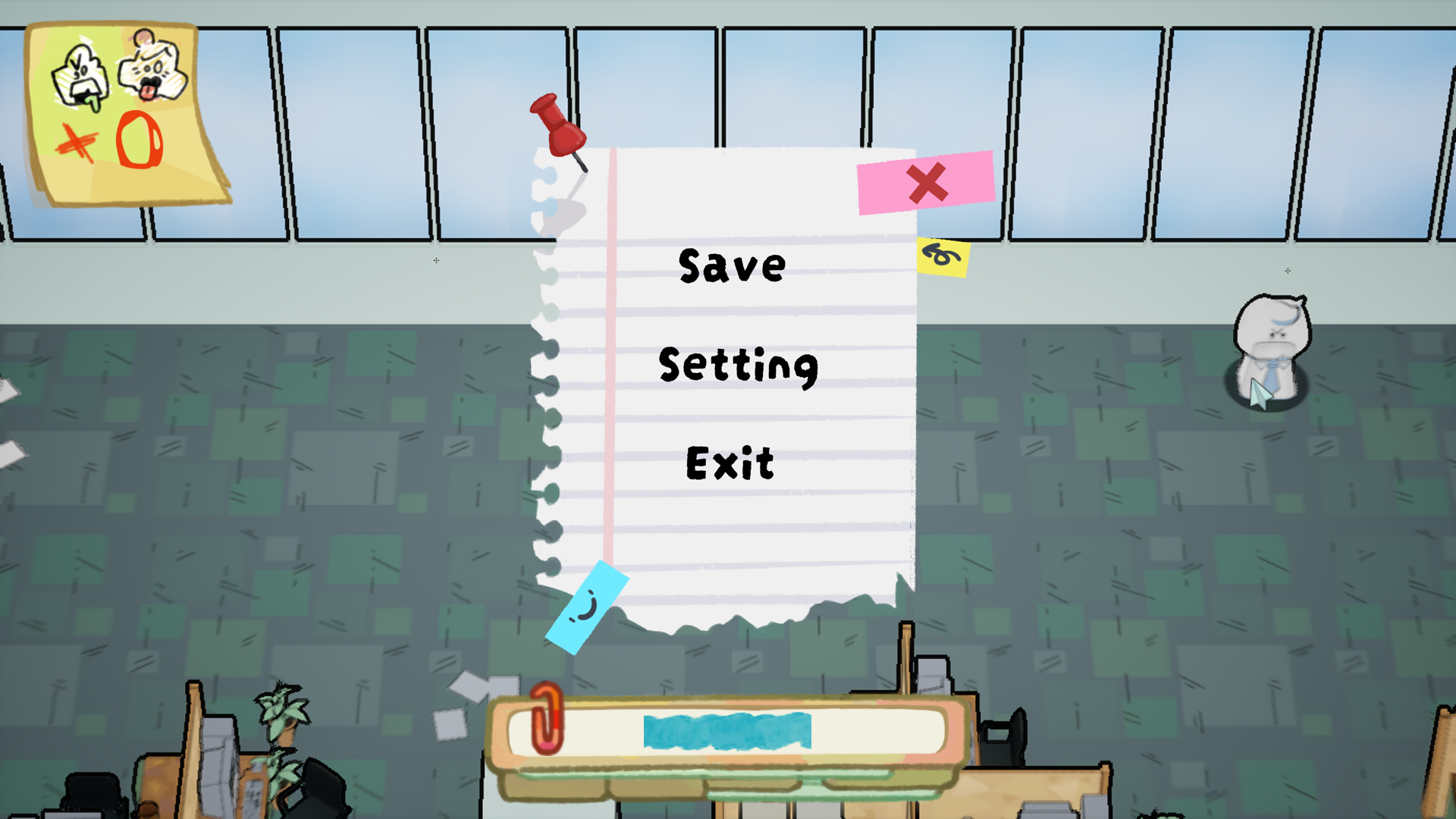 Final in-game paper menu with Save, Setting, and Exit