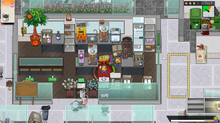 Top-down cafe game with illustrated HUD