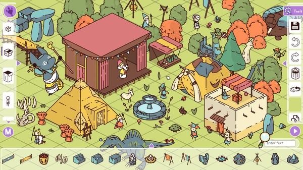 Hand-drawn isometric village with a sketchy toolbar