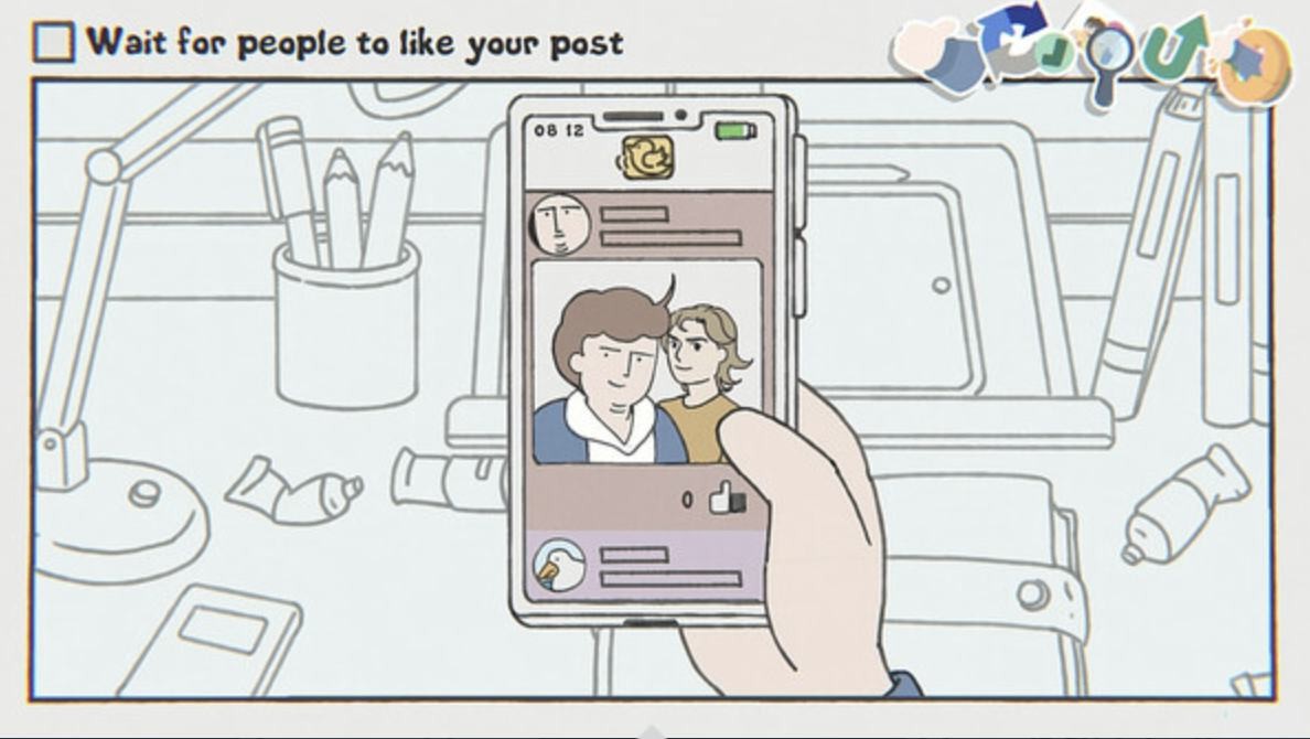 Line-drawn desk scene with a handwritten checklist overlay