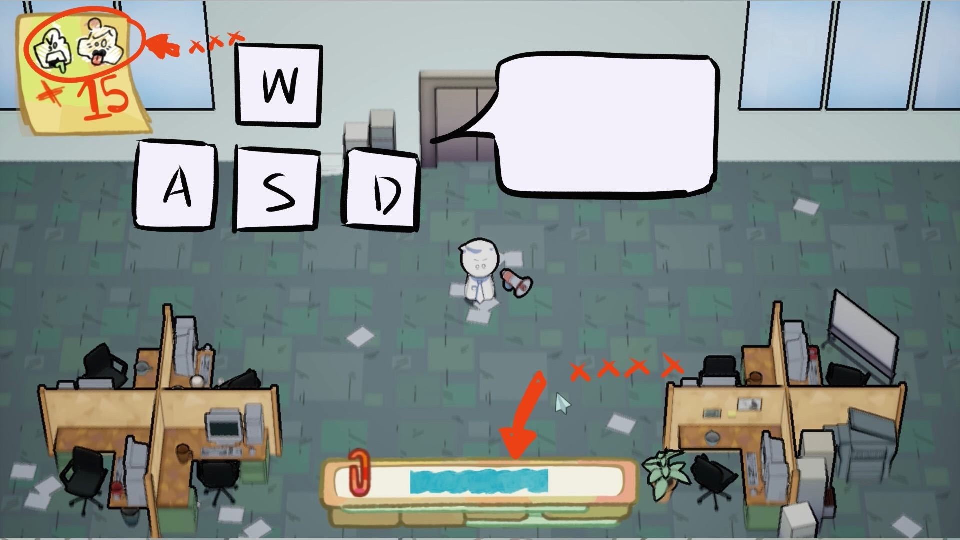 Sketch of on-screen WASD and absorb-bar tutorial