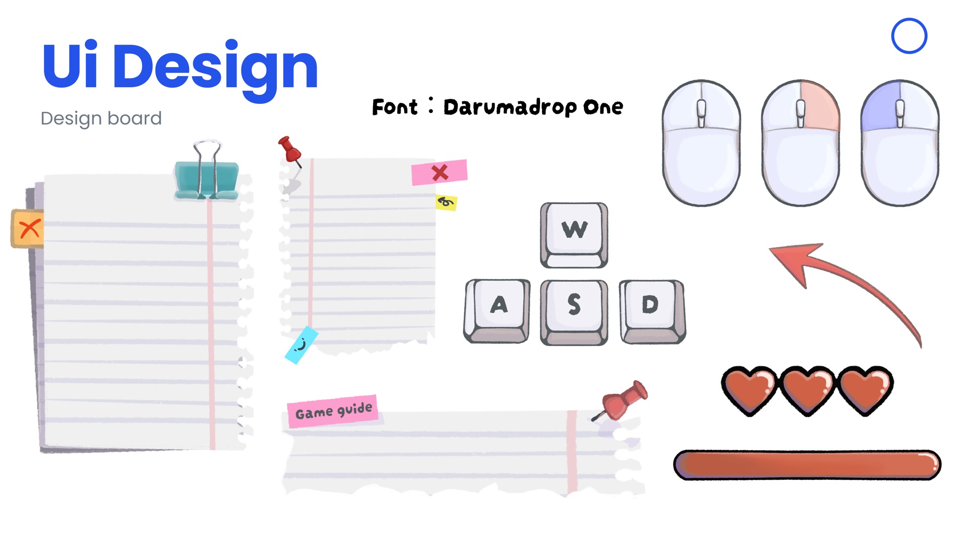 UI design board with paper menus, WASD keys, mice, hearts, and health bar