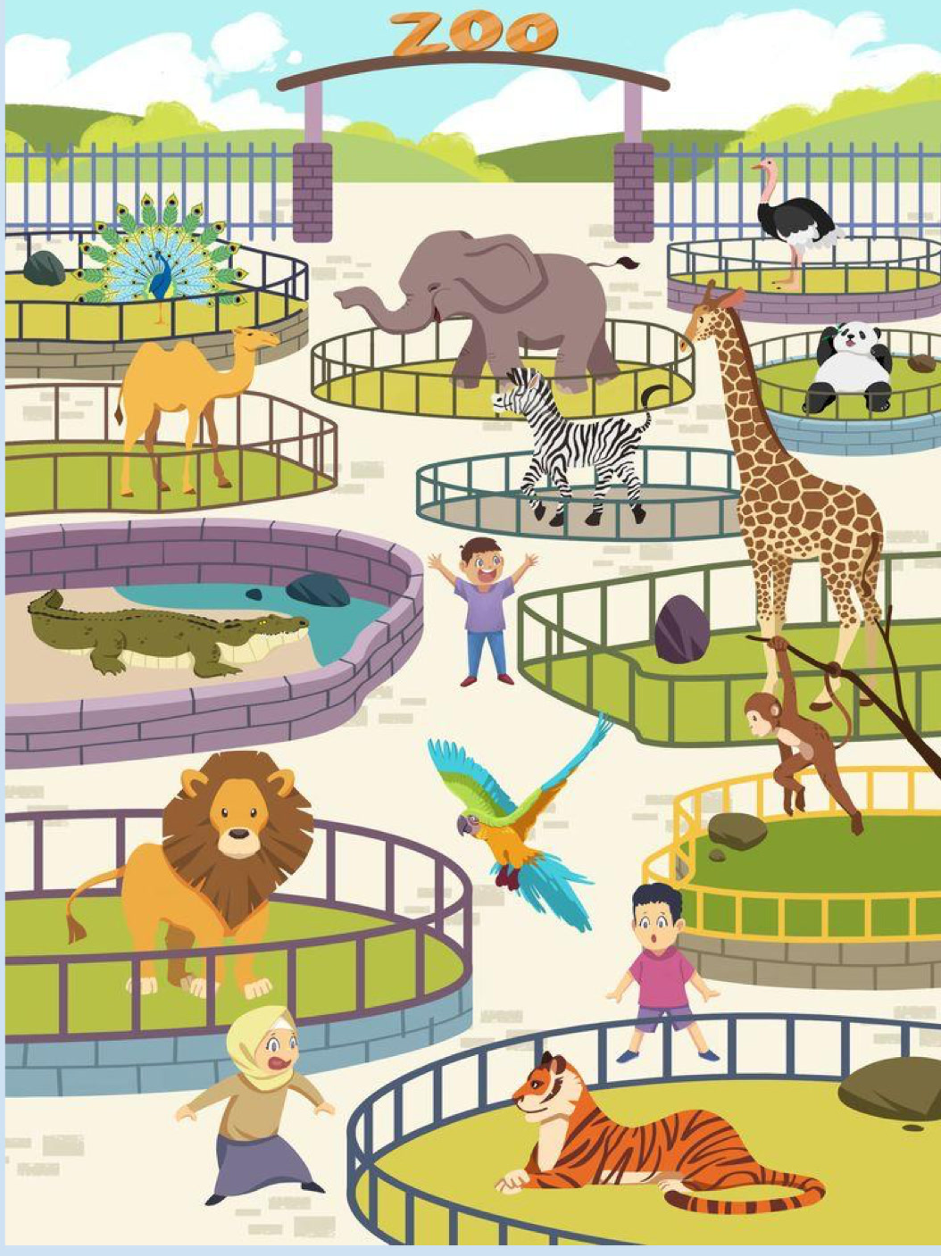 Illustration of a colorful zoo map with animals
