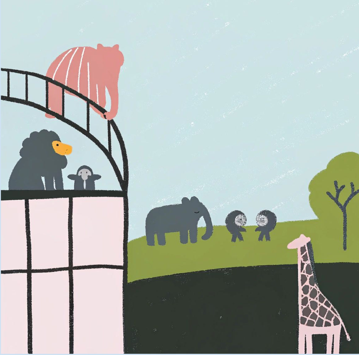 Illustration of animals beside a zoo enclosure