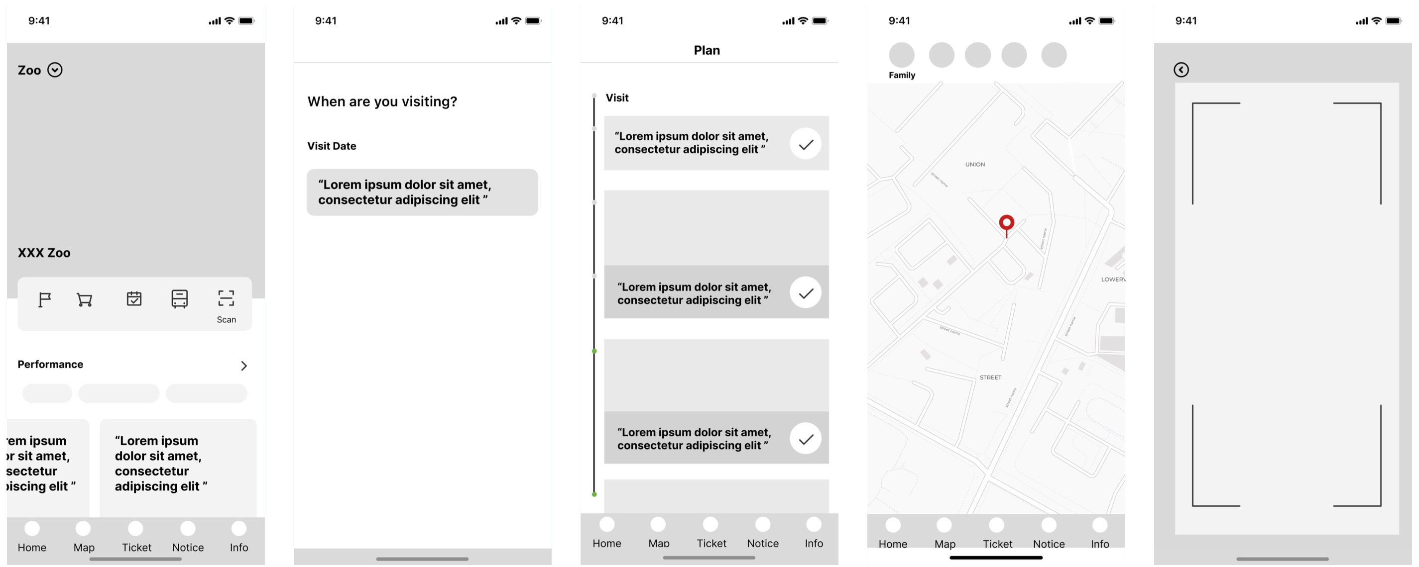 Mid-fi wireframes for home, visit planning, trip schedule, family map, and AR scanning
